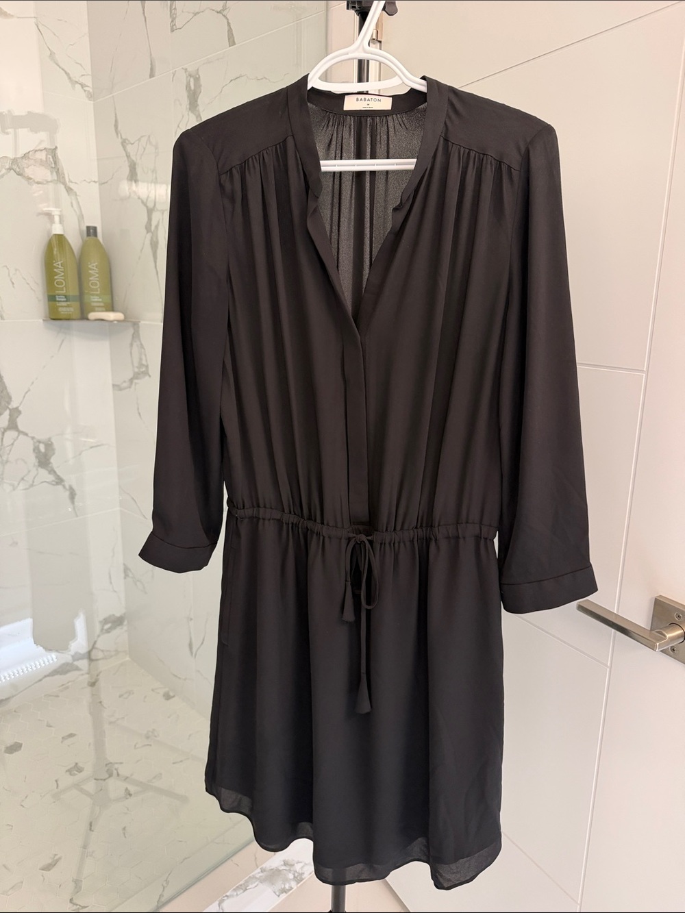 Babaton Black Long-Sleeve Drawstring Waist Tunic Dress 21”pp/40”L pockets 😊